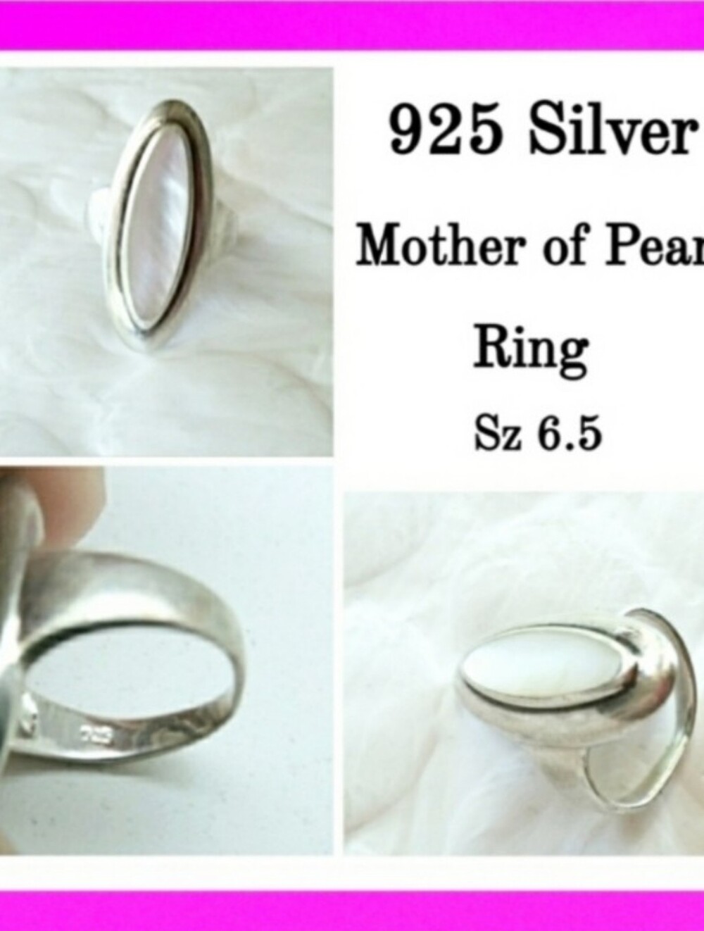 925 Sterling Silver Oblong Mother of Pearl Statement Ring Southwest Style Sz 6.5